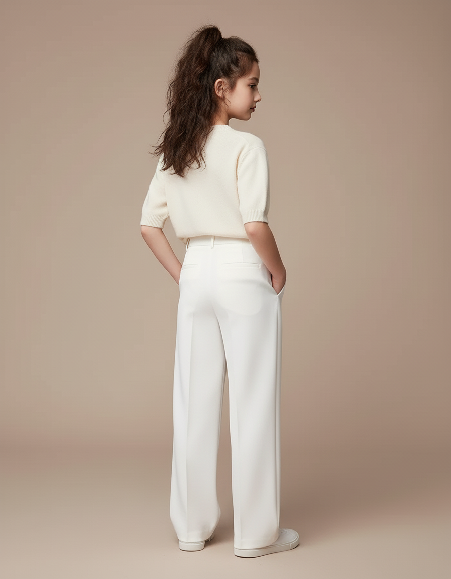 Pantalon Blanc Ample Plissé Droit Élégant Enfant - Gabardine - vue 2