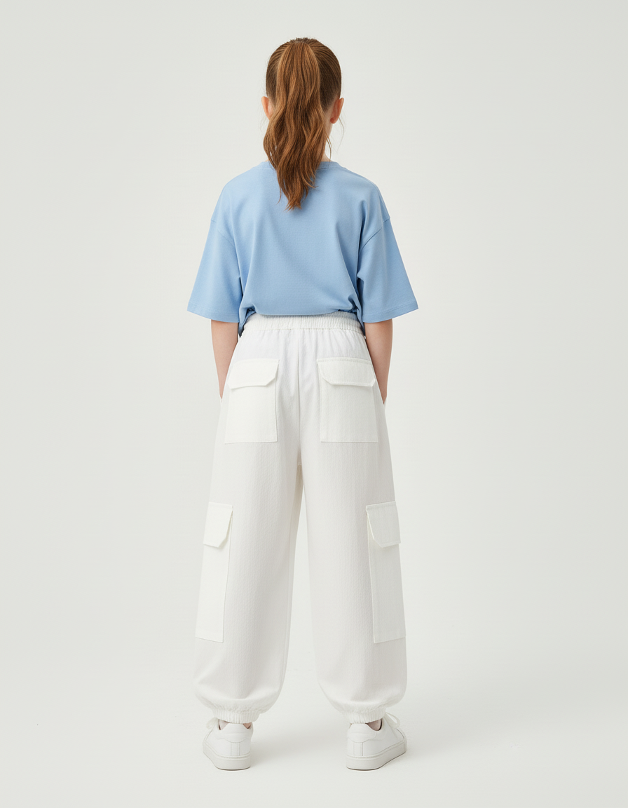 Pantalon Blanc Cargo Ample Fille Taille Haute - Coton - vue 2