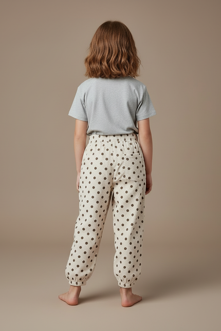 Pantalon Blanc Côtelé Polka Dots Ample Fille - Beige Cordé - vue 2