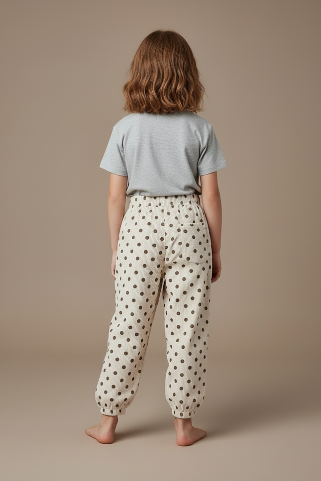 Pantalon Blanc Côtelé Polka Dots Ample Fille - Beige Cordé - vue 2