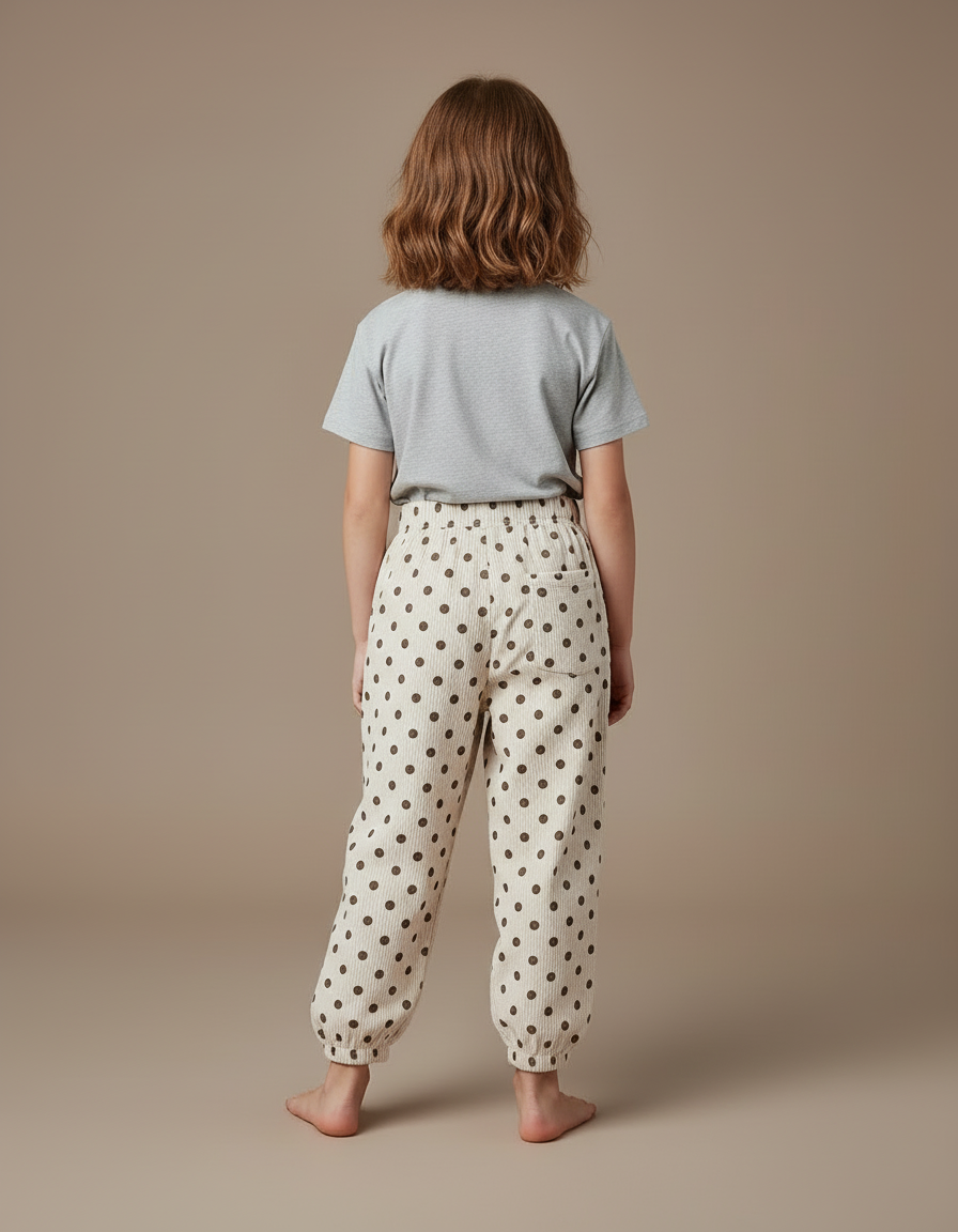 Pantalon Blanc Côtelé Polka Dots Ample Fille - Beige Cordé - vue 2