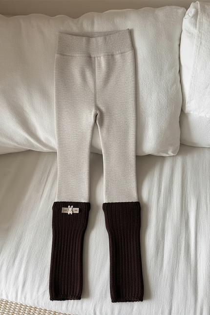 Pantalon Blanc Doublé Polaire Tricoté Côtelé Enfant - Gris Maille