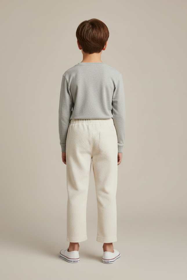 Pantalon Blanc Côtelé Ample Décontracté Enfant Poches - Beige Cordé - vue 2