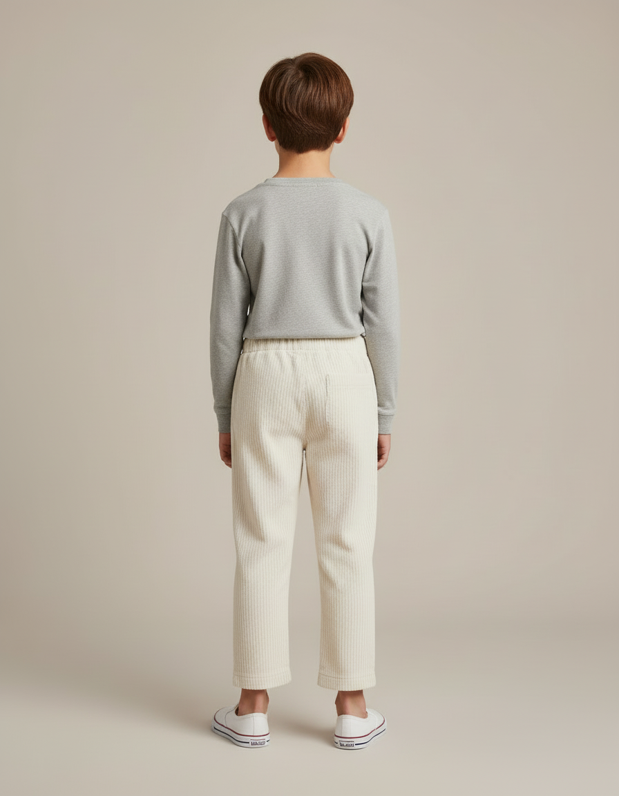 Pantalon Blanc Côtelé Ample Décontracté Enfant Poches - Beige Cordé - vue 2