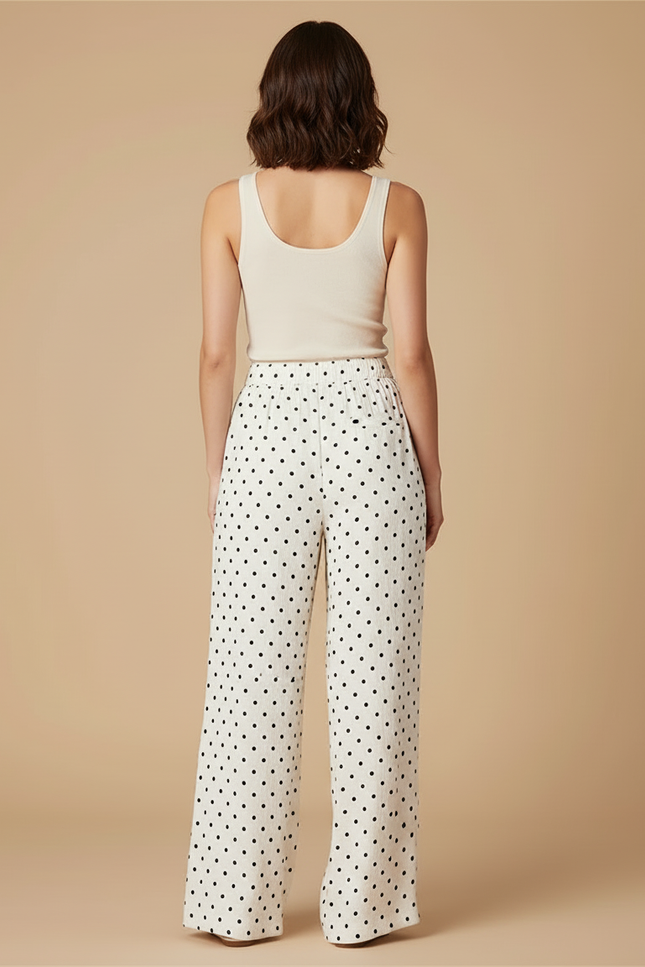 Pantalon Blanc Fluide Ample Taille Haute Pois - Lin - vue 2