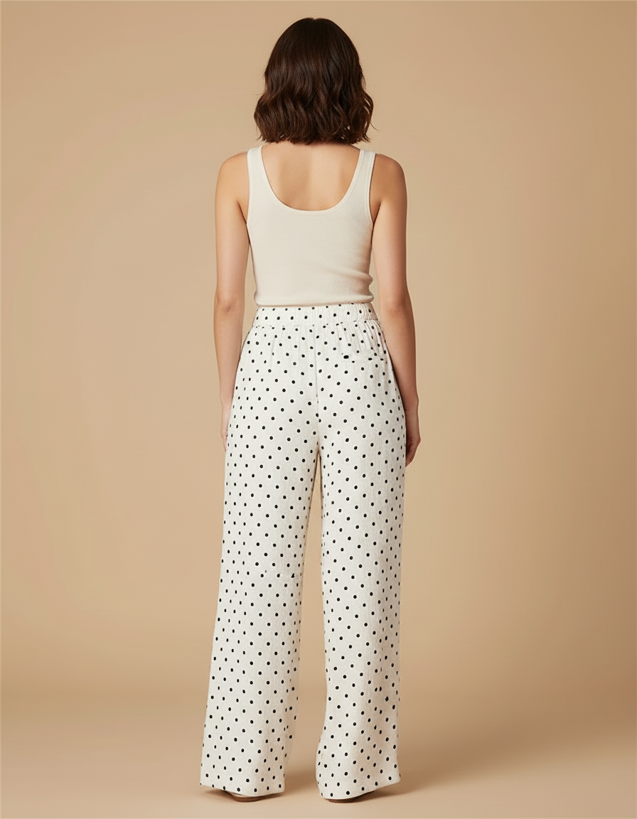 Pantalon Blanc Fluide Ample Taille Haute Pois - Lin - vue 2
