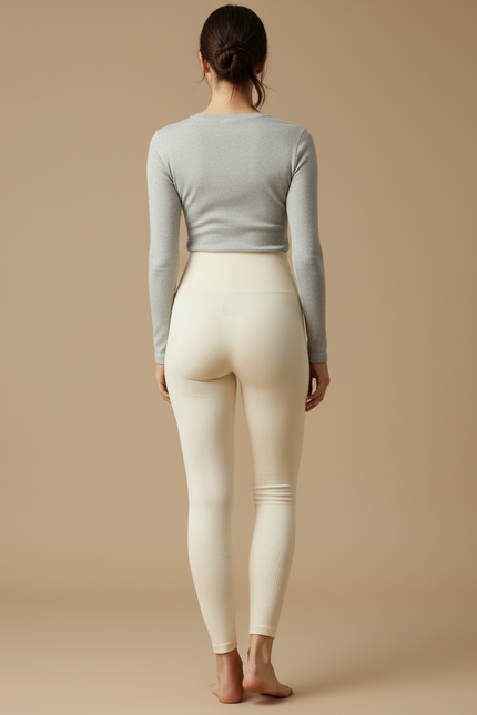 Pantalon Blanc Crème Côtelé Taille Haute Moulant Femme - Beige Maille - vue 2