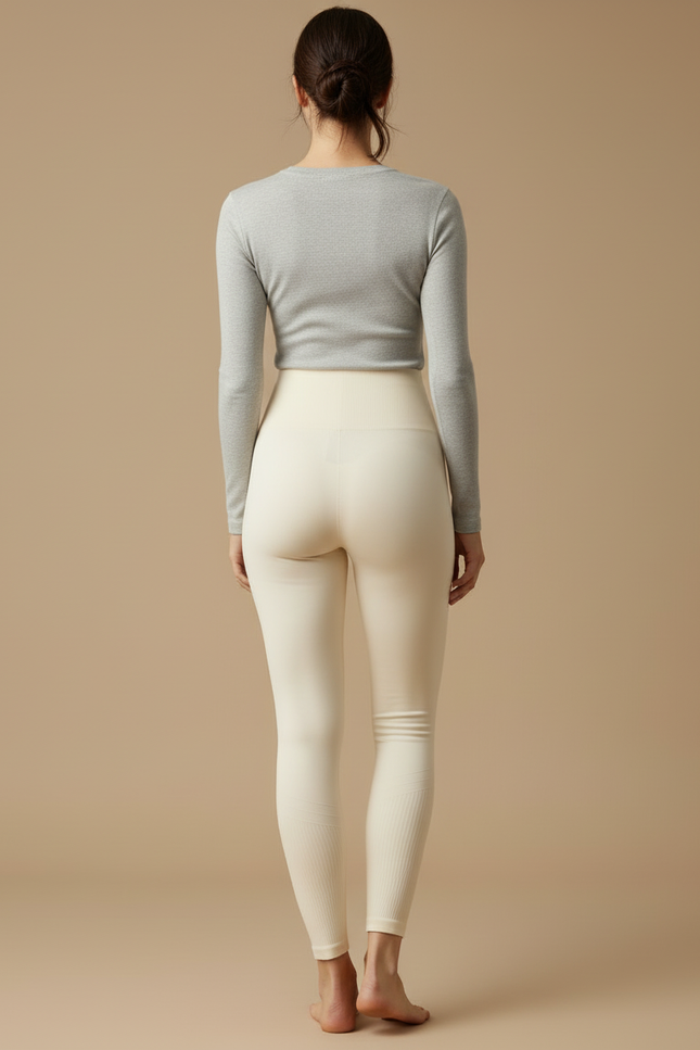 Pantalon Blanc Crème Côtelé Taille Haute Moulant Femme - Beige Maille - vue 2