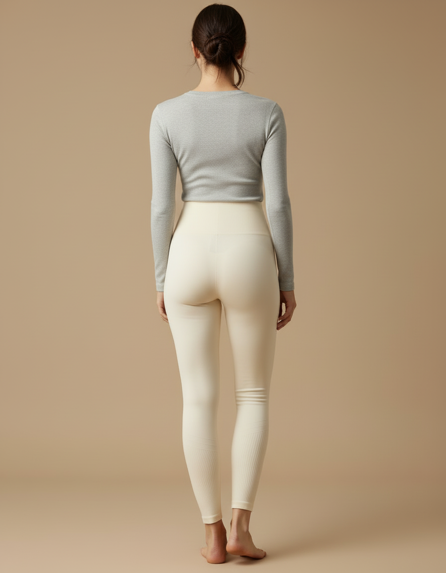 Pantalon Blanc Crème Côtelé Taille Haute Moulant Femme - Beige Maille - vue 2