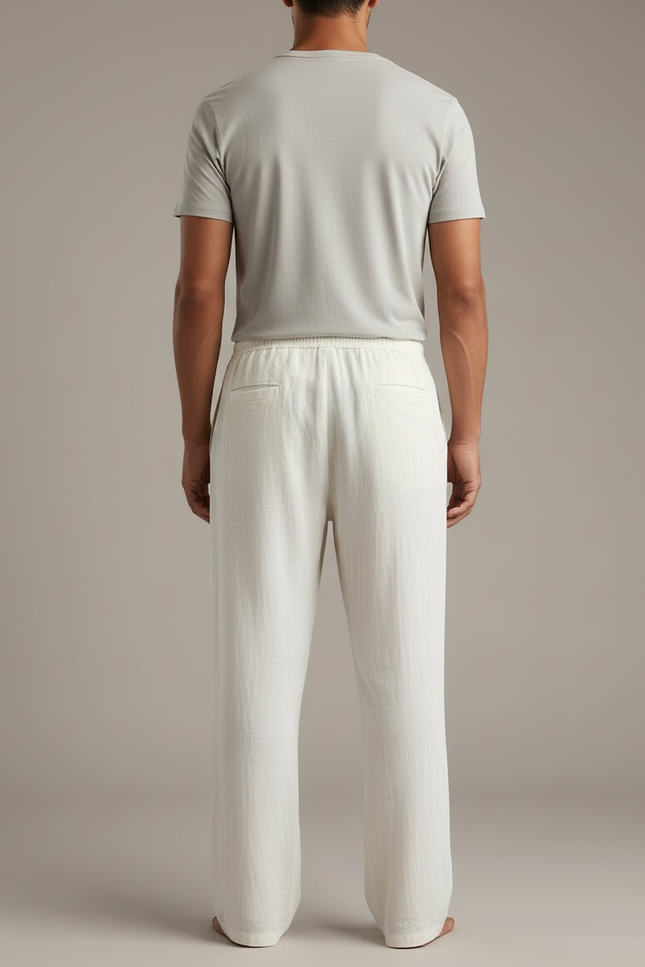 Pantalon Blanc Lin Décontracté Ample Cordon Homme - vue 2