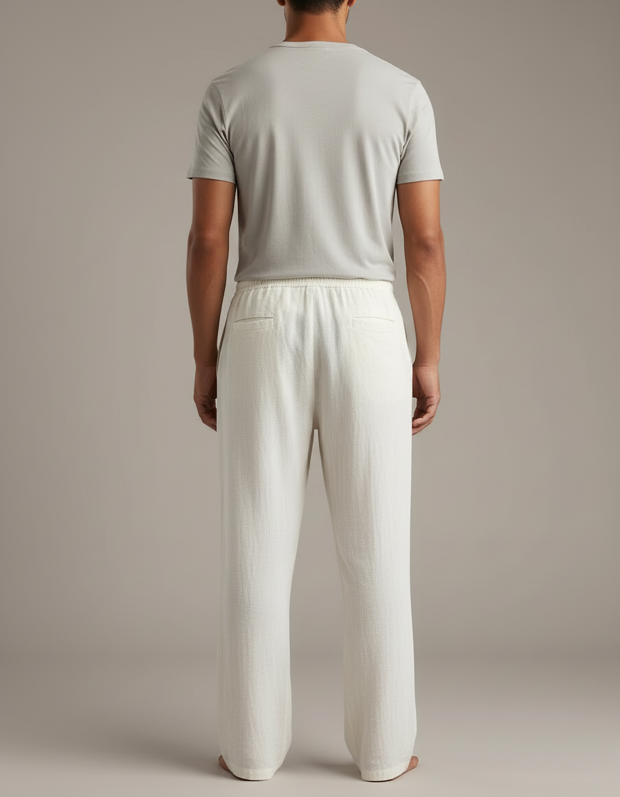 Pantalon Blanc Lin Décontracté Ample Cordon Homme - vue 2