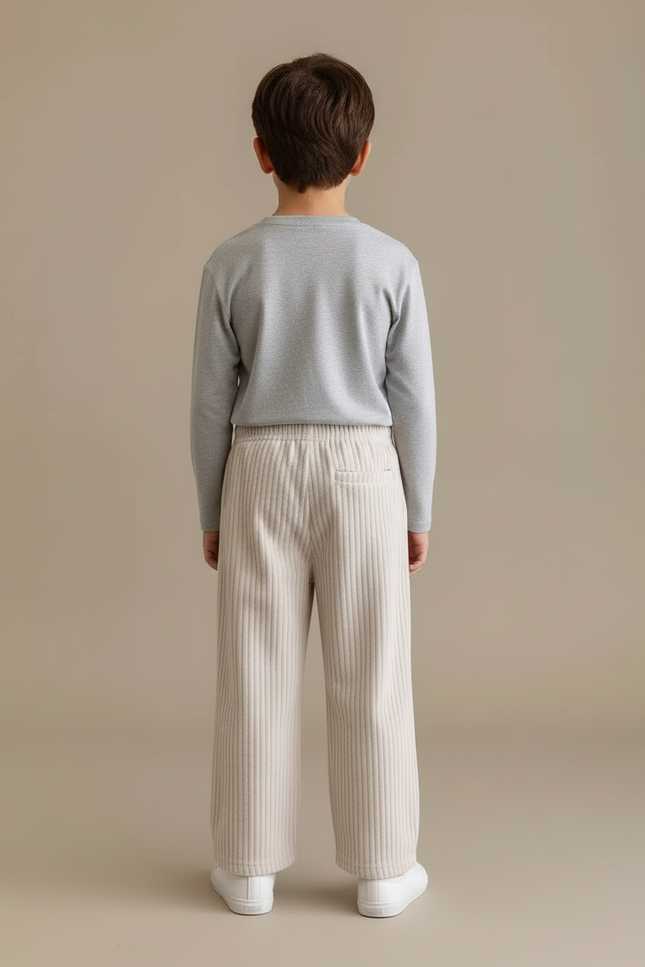 Pantalon Blanc Côtelé Ample Droit Enfant Confortable - Beige Cordé - vue 2