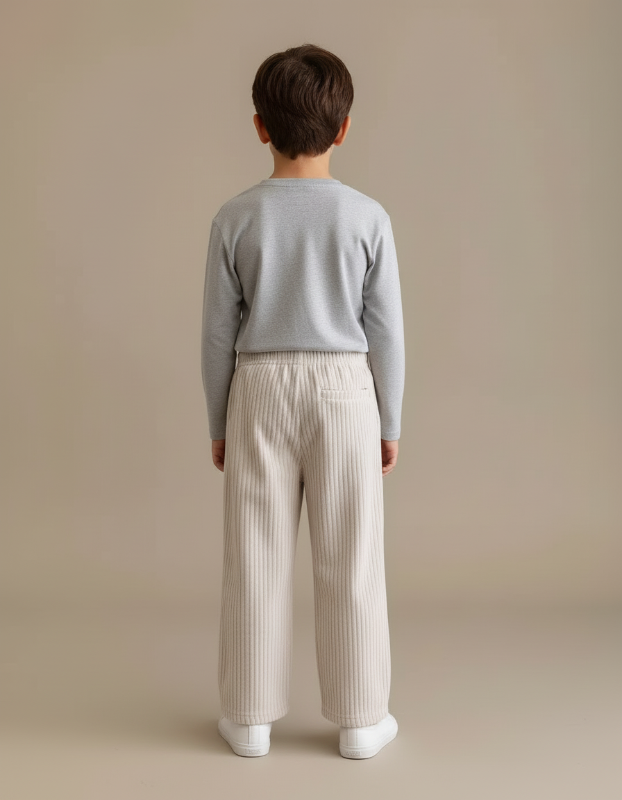 Pantalon Blanc Côtelé Ample Droit Enfant Confortable - Beige Cordé - vue 2