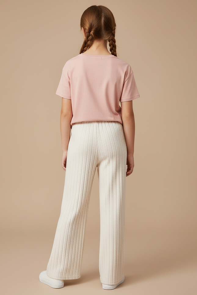Pantalon Blanc Côtelé Ample Décontracté Enfant Fille - Maille - vue 2