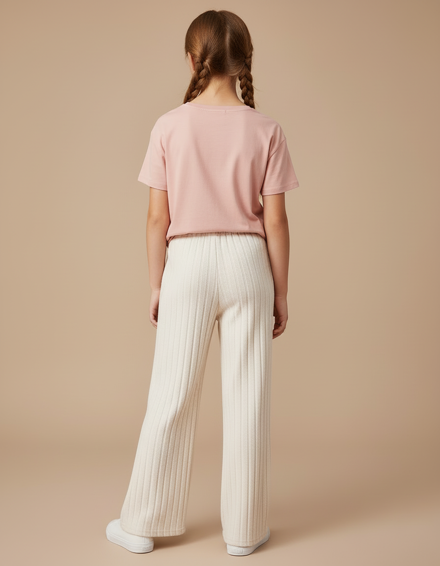 Pantalon Blanc Côtelé Ample Décontracté Enfant Fille - Maille - vue 2