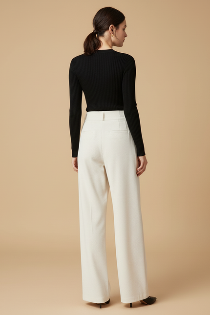 Pantalon Blanc Côtelé Taille Haute Ample Hiver - Beige Cordé - vue 2