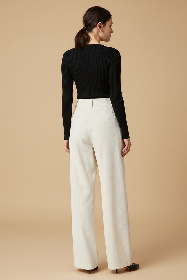 Pantalon Blanc Côtelé Taille Haute Ample Hiver - Beige Cordé - vue 2