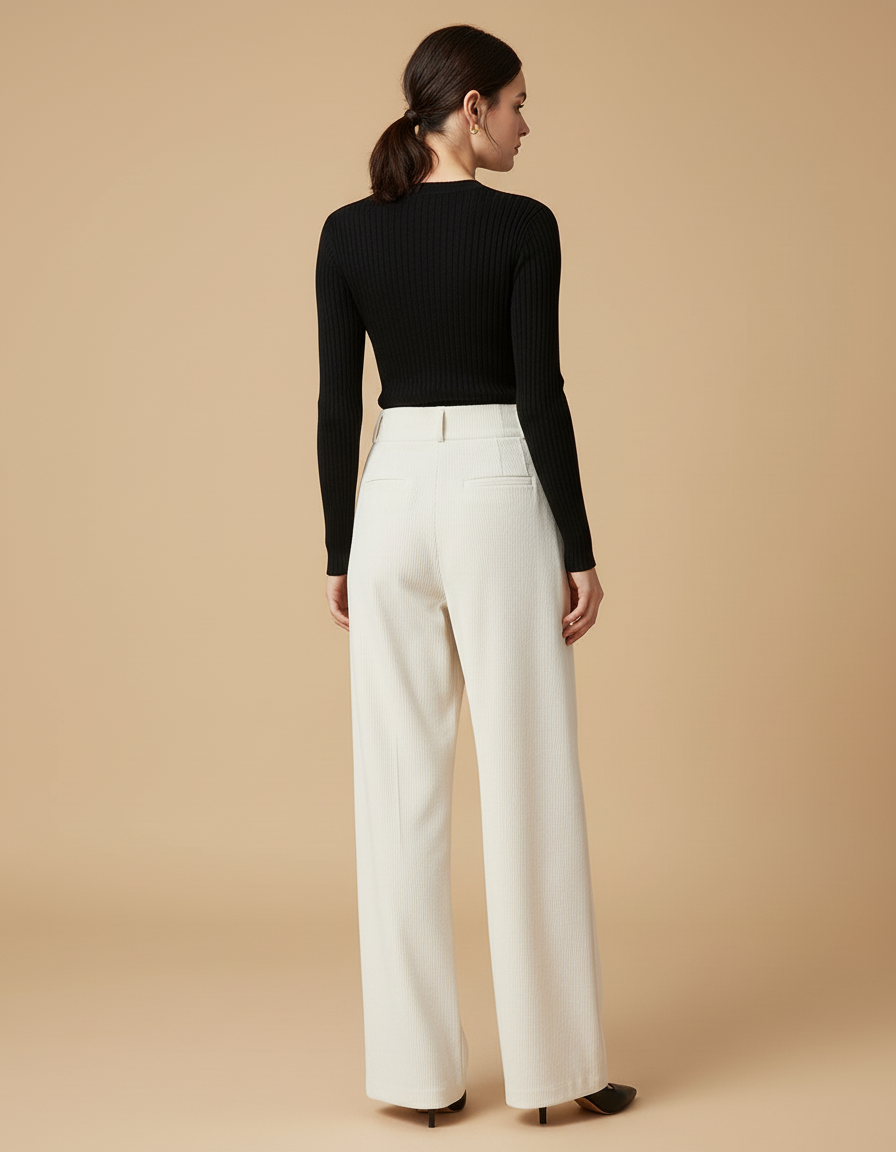 Pantalon Blanc Côtelé Taille Haute Ample Hiver - Beige Cordé - vue 2