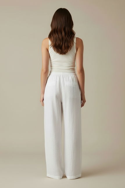 Pantalon Blanc Lin Fluide Ample Taille Haute - vue 2