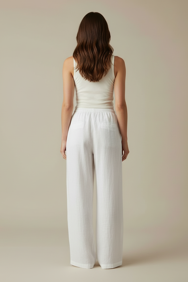 Pantalon Blanc Lin Fluide Ample Taille Haute - vue 2