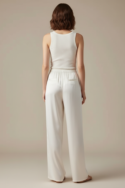Pantalon Blanc Satin Fluide Ample Élégant Femme - vue 2