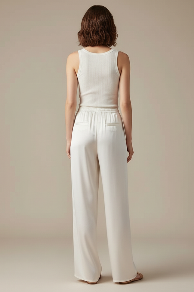 Pantalon Blanc Satin Fluide Ample Élégant Femme - vue 2