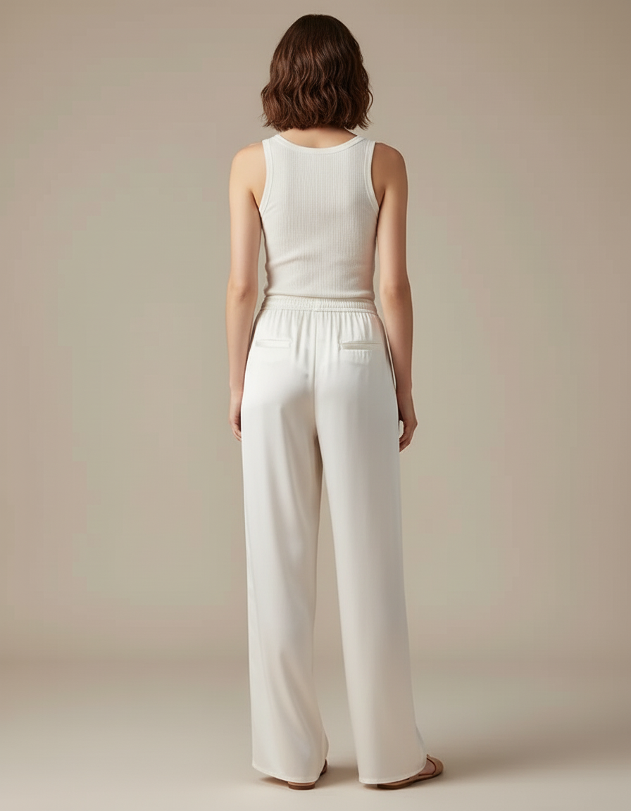 Pantalon Blanc Satin Fluide Ample Élégant Femme - vue 2