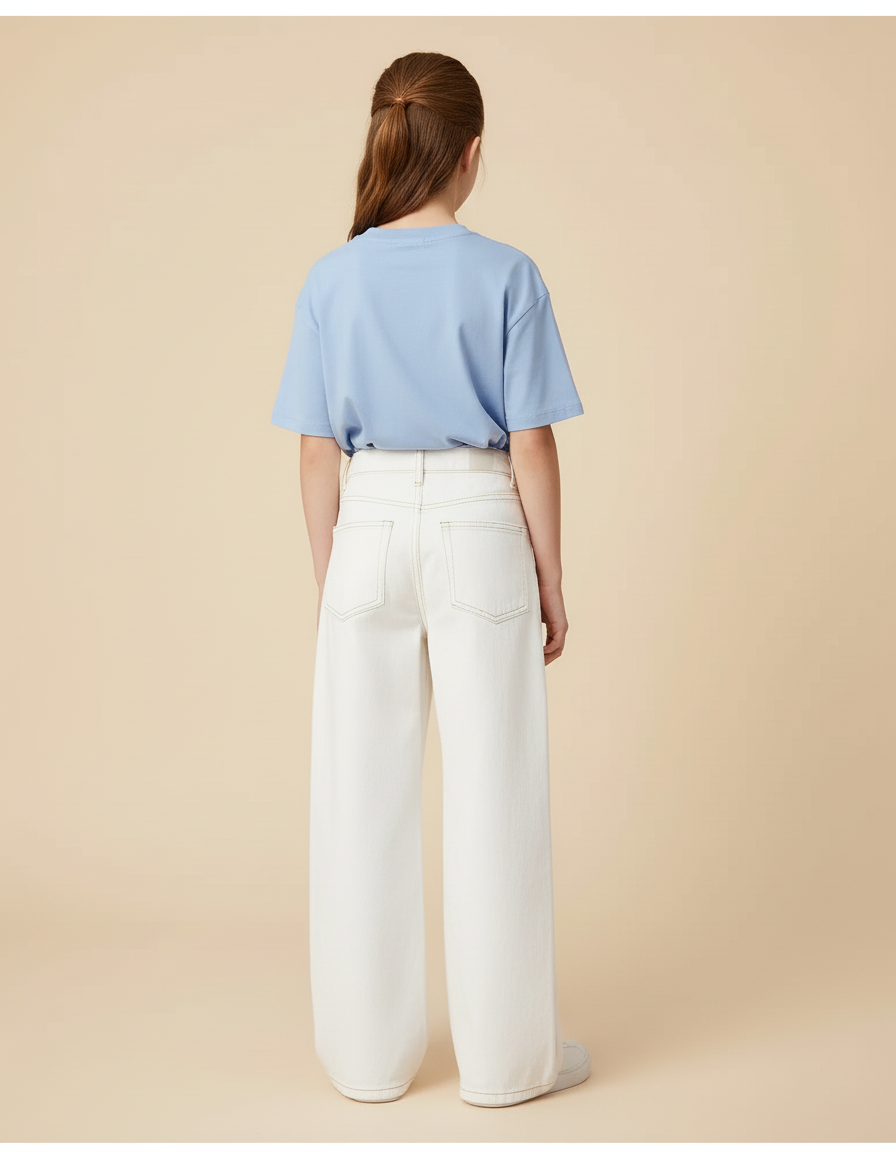 Pantalon Blanc Large Décontracté Jambes Droites Fille - Jean - vue 2