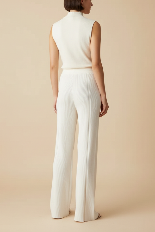 Pantalon Blanc Côtelé Tricoté Fluide Décontracté Femme - Maille - vue 2