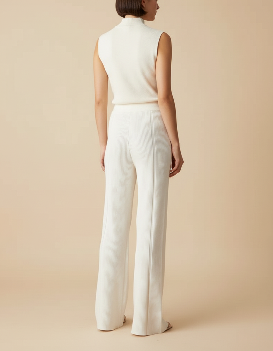 Pantalon Blanc Côtelé Tricoté Fluide Décontracté Femme - Maille - vue 2