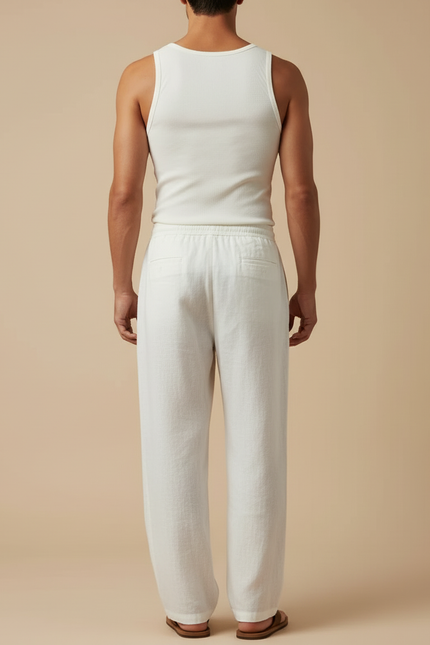 Pantalon Blanc Lin Ample Cordon Homme Décontracté - vue 2