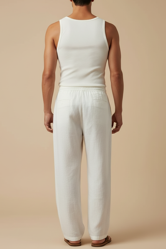 Pantalon Blanc Lin Ample Cordon Homme Décontracté - vue 2