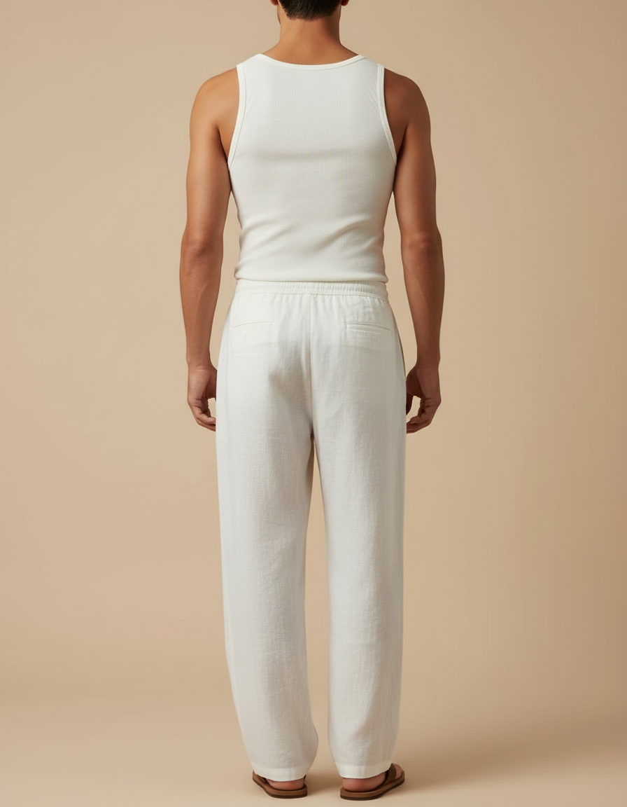 Pantalon Blanc Lin Ample Cordon Homme Décontracté - vue 2