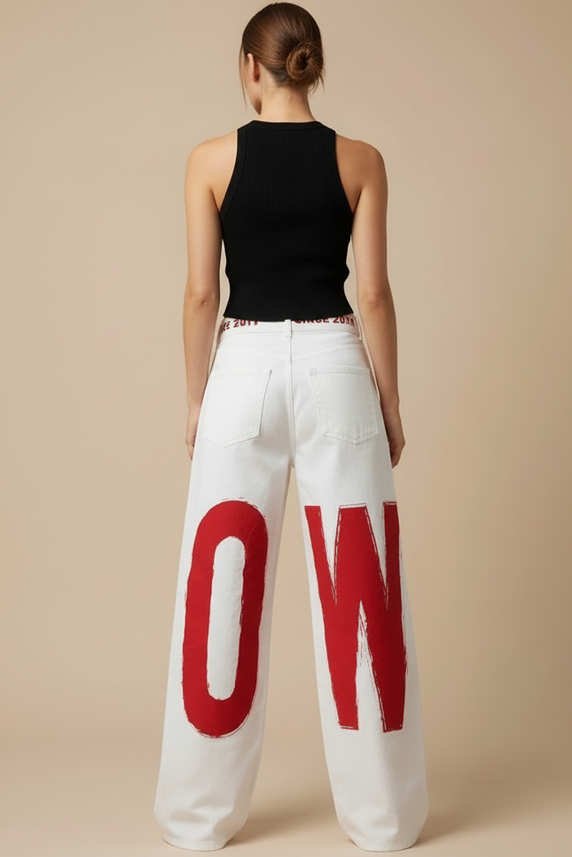 Pantalon Blanc Ample Imprimé Lettres Y2K Femme - Jean - vue 2