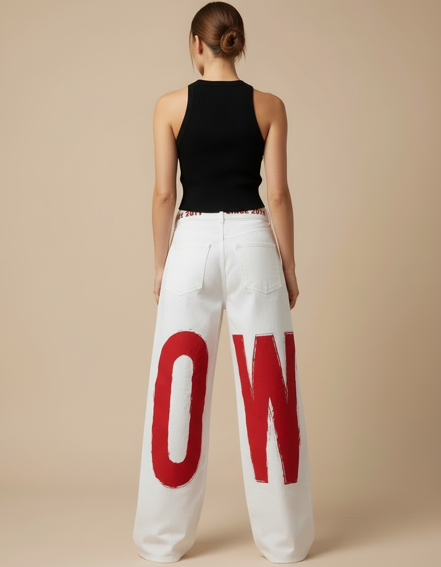 Pantalon Blanc Ample Imprimé Lettres Y2K Femme - Jean - vue 2