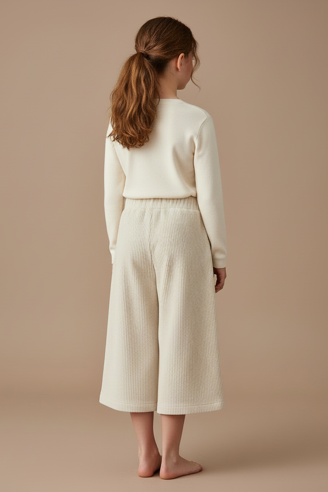 Pantalon Blanc Côtelé Ample Enfant Confortable - Beige Cordé - vue 2