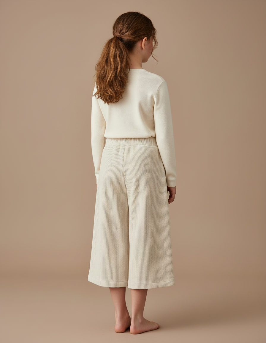 Pantalon Blanc Côtelé Ample Enfant Confortable - Beige Cordé - vue 2