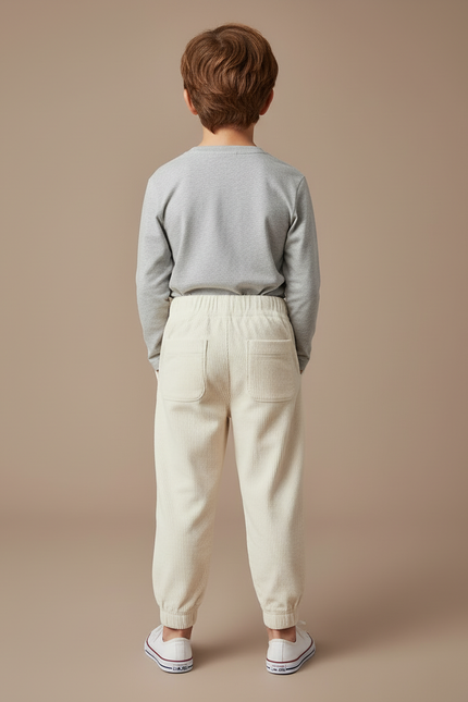 Pantalon Blanc Côtelé Ample Décontracté Enfant Garçon - Beige Cordé - vue 2