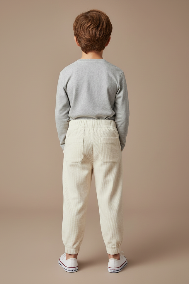 Pantalon Blanc Côtelé Ample Décontracté Enfant Garçon - Beige Cordé - vue 2