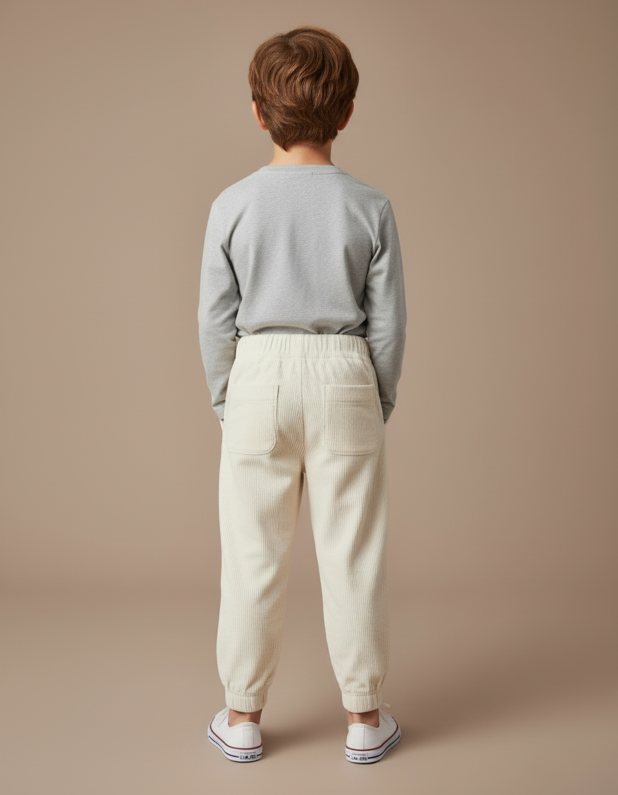 Pantalon Blanc Côtelé Ample Décontracté Enfant Garçon - Beige Cordé - vue 2