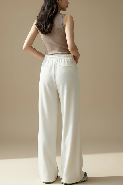 Pantalon Blanc Ample, Fluide, Côtelé, Décontracté - Maille - vue 2