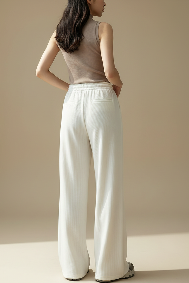 Pantalon Blanc Ample, Fluide, Côtelé, Décontracté - Maille - vue 2