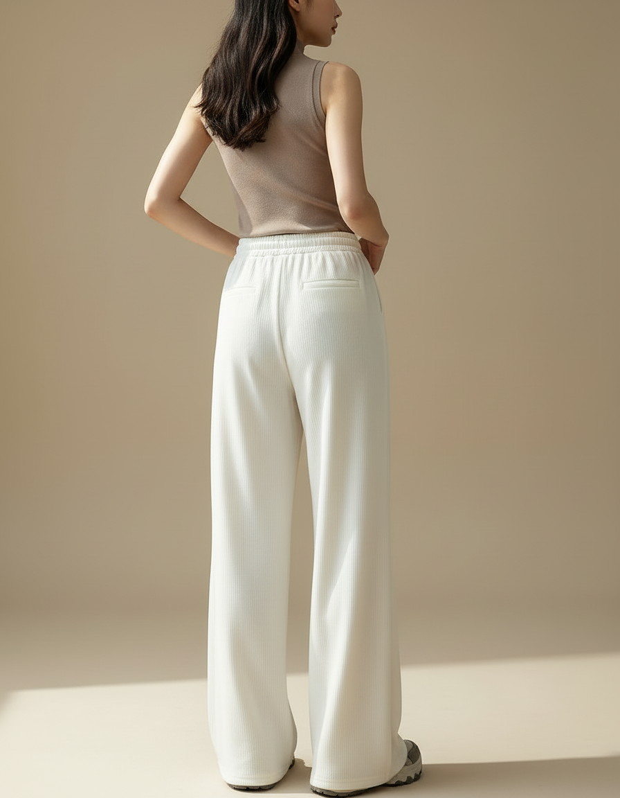 Pantalon Blanc Ample, Fluide, Côtelé, Décontracté - Maille - vue 2