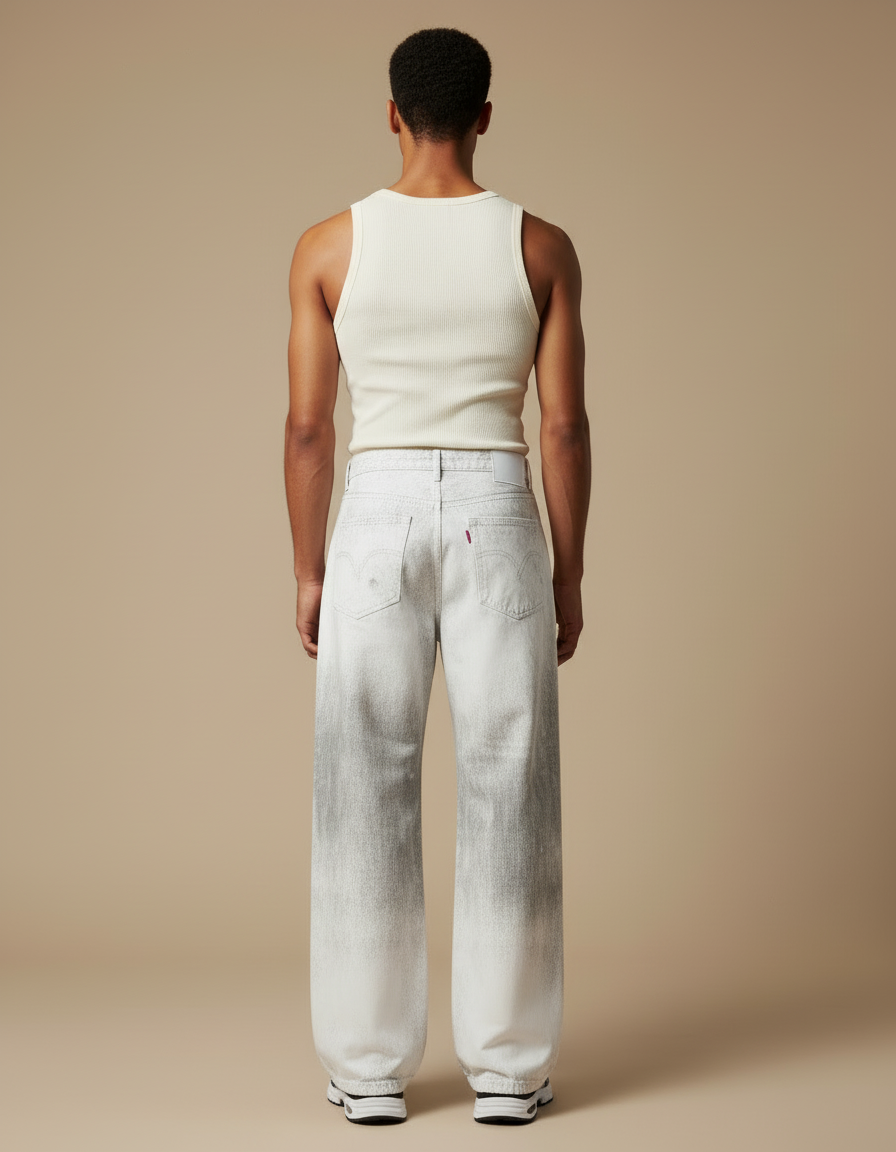 Pantalon Blanc Décontracté Large Délavé Imprimé Homme - Jean - vue 2