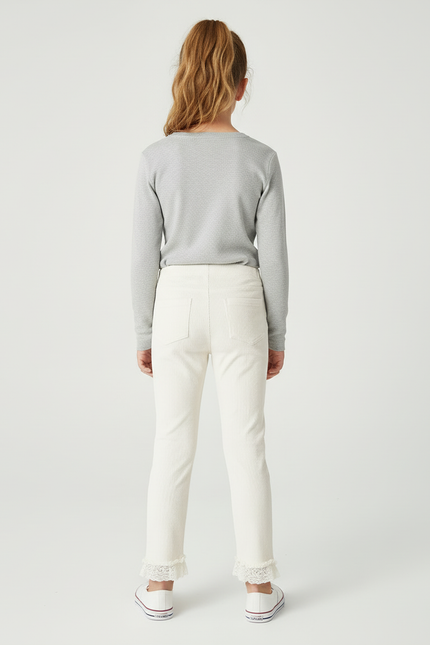 Pantalon Blanc Côtelé Dentelle Boutons Fille Confortable - Cordé - vue 2