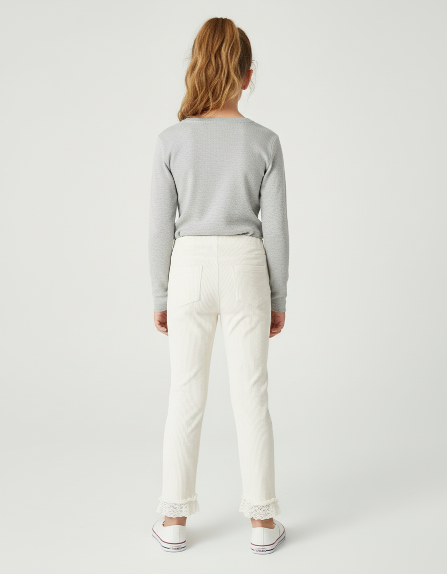 Pantalon Blanc Côtelé Dentelle Boutons Fille Confortable - Cordé - vue 2