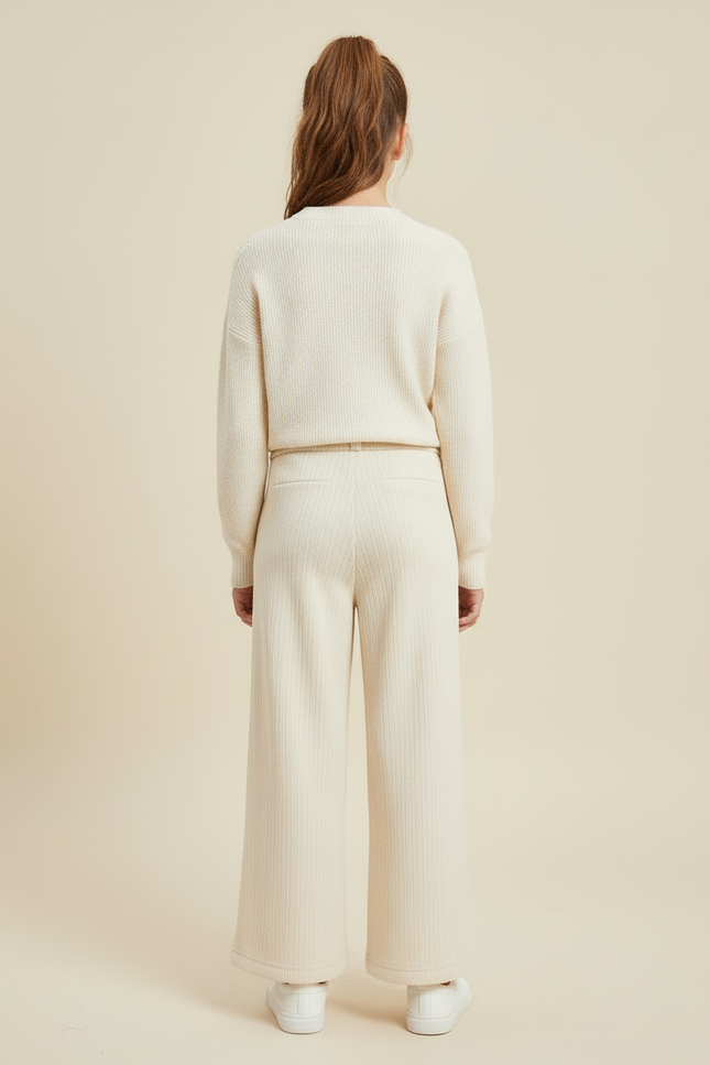 Pantalon Blanc Côtelé Ample Décontracté Confortable - Beige Maille - vue 2