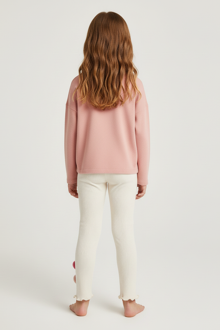 Pantalon Blanc Côtelé Cœurs Fille Confortable - Maille - vue 2