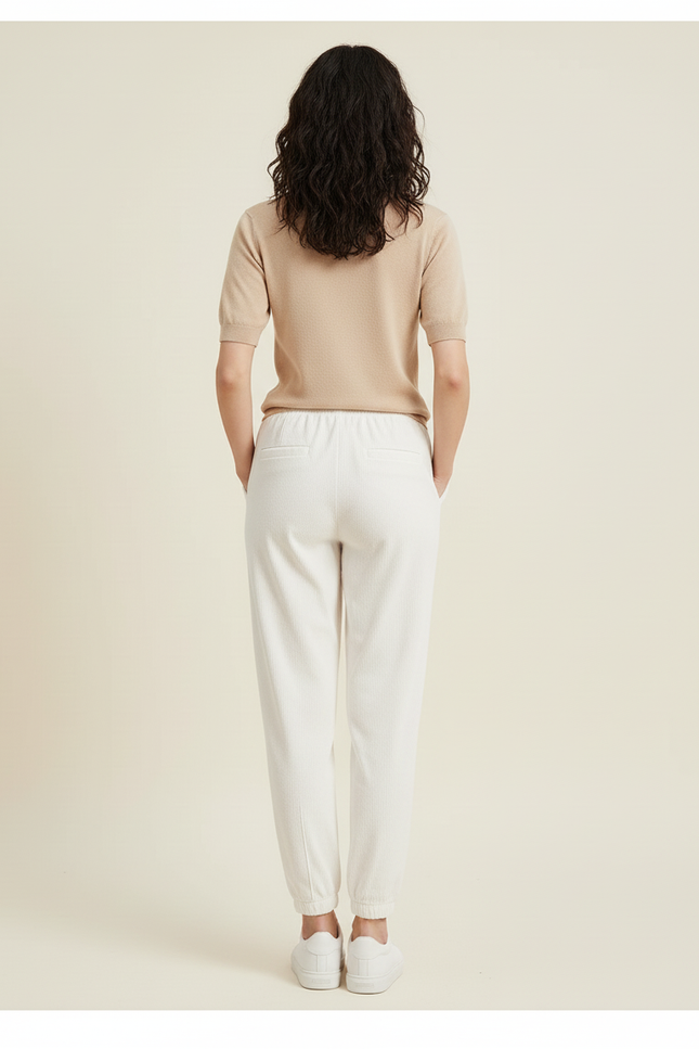 Pantalon Blanc Côtelé Décontracté Cheville Élastique Femme - Cordé - vue 2