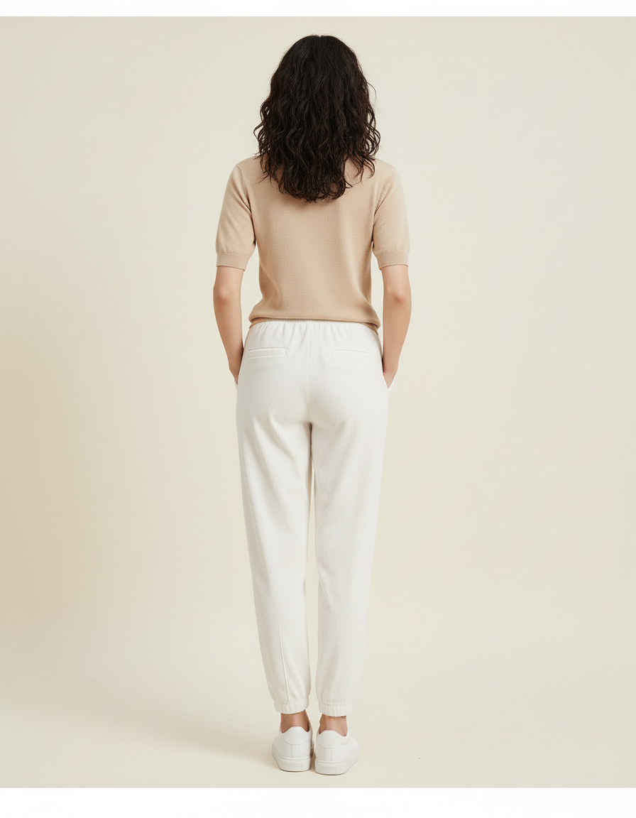 Pantalon Blanc Côtelé Décontracté Cheville Élastique Femme - Cordé - vue 2